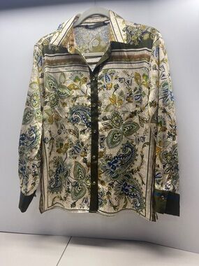 Zara Cream Paisley Button-Front Blouse with Green & Blue Accents